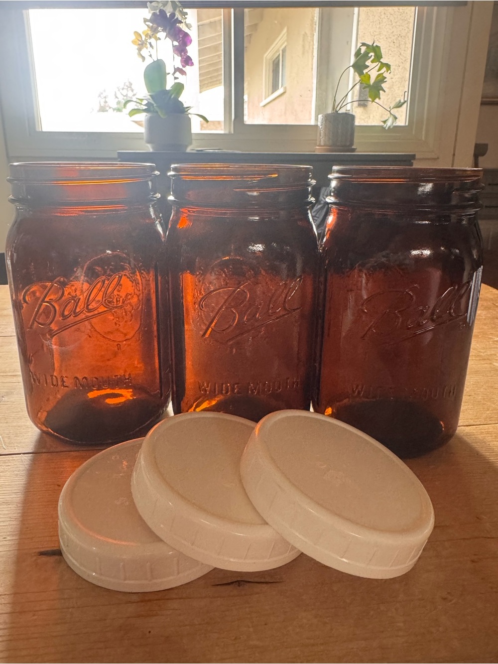 Amber Wide Mouth Mason Jars with White Lids - Set of 3